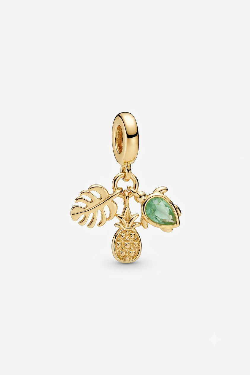Gold-tone monstera leaf, pineapple and green turtle charm