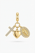 Gold-tone cross, heart and Madonna medallion charm with clear crystals