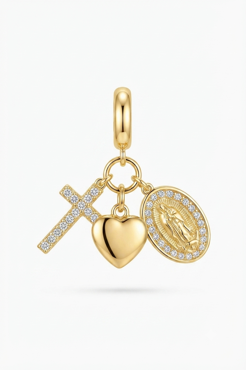 Gold-tone cross, heart and Madonna medallion charm with clear crystals