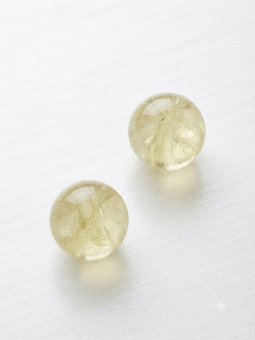 Pale yellow citrine round crystal beads on a white background
