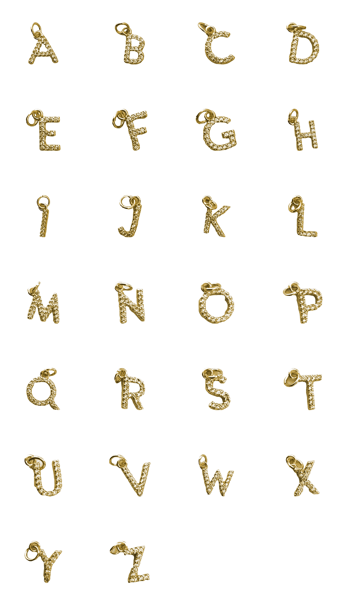 Gold-tone alphabet charm set from A to Z in an organic letter style