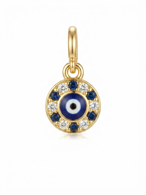 Gold-tone blue evil eye charm with clear crystals on a white background