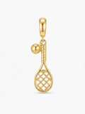 Gold-tone tennis racket and ball dangle charm on a white background