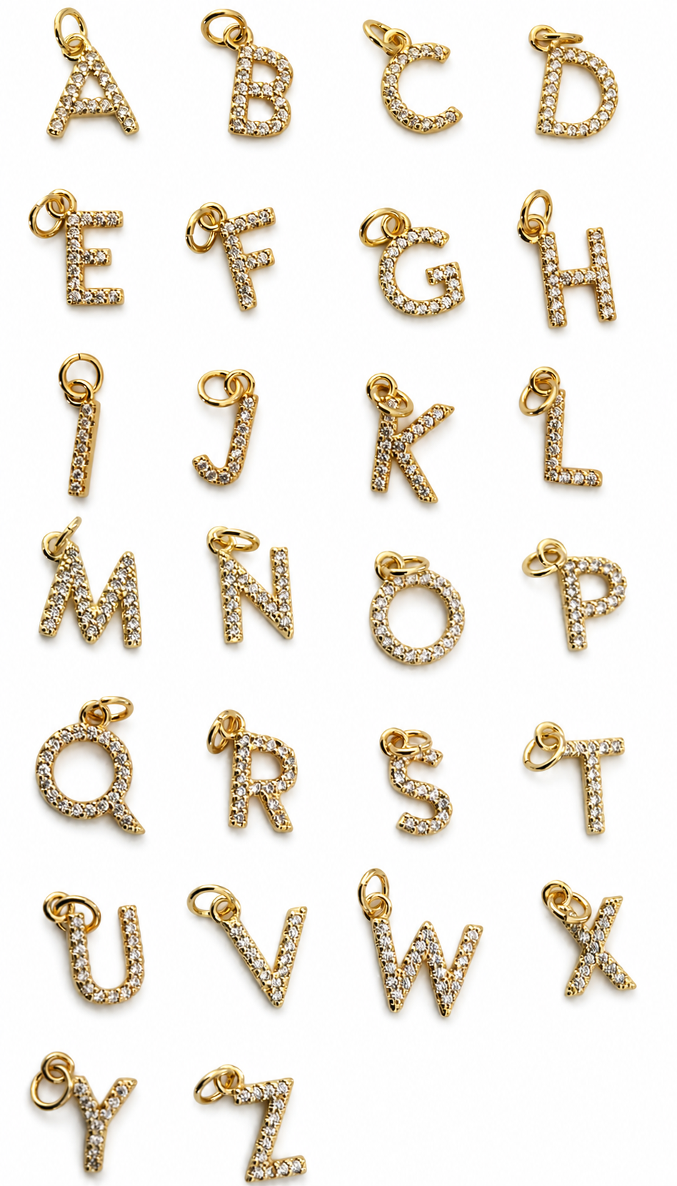 Gold-tone alphabet charm set from A to Z in a textured letter style