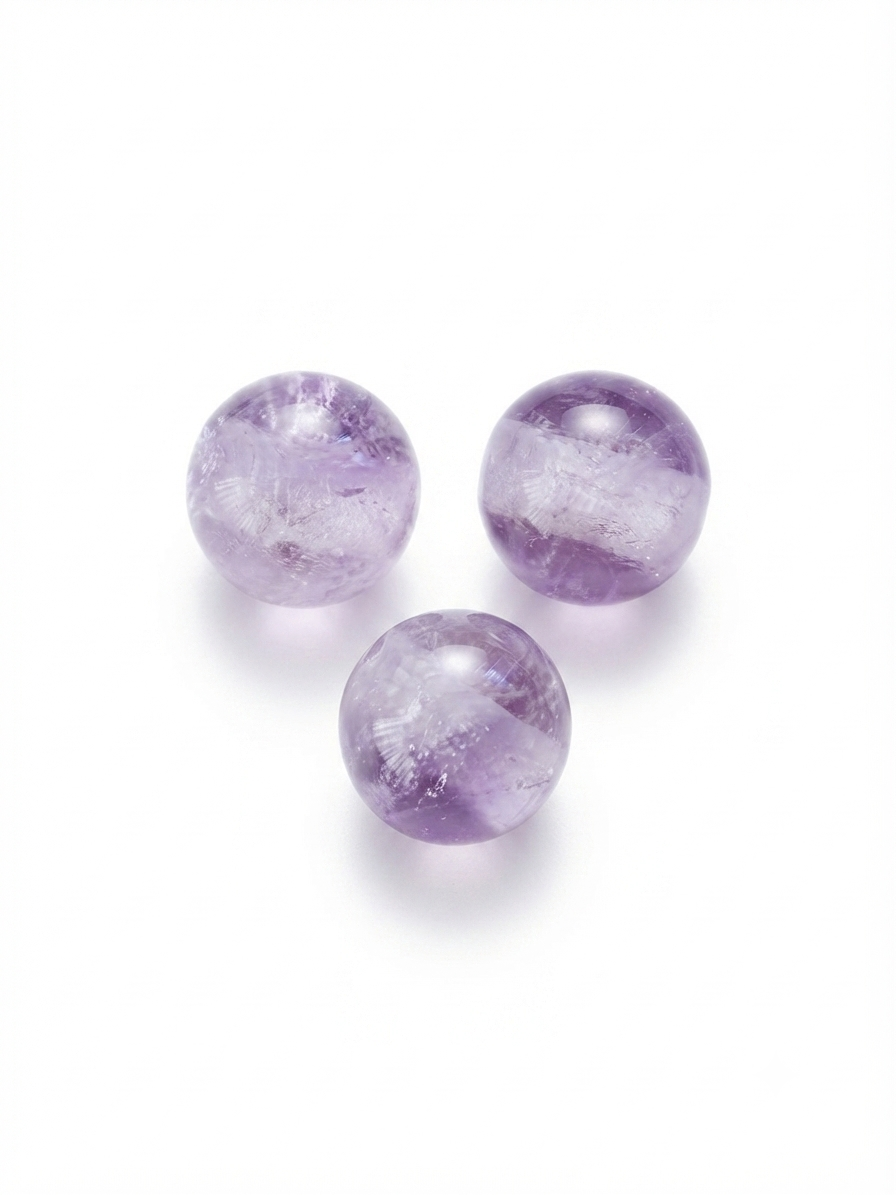 Purple translucent round crystal beads on a white background