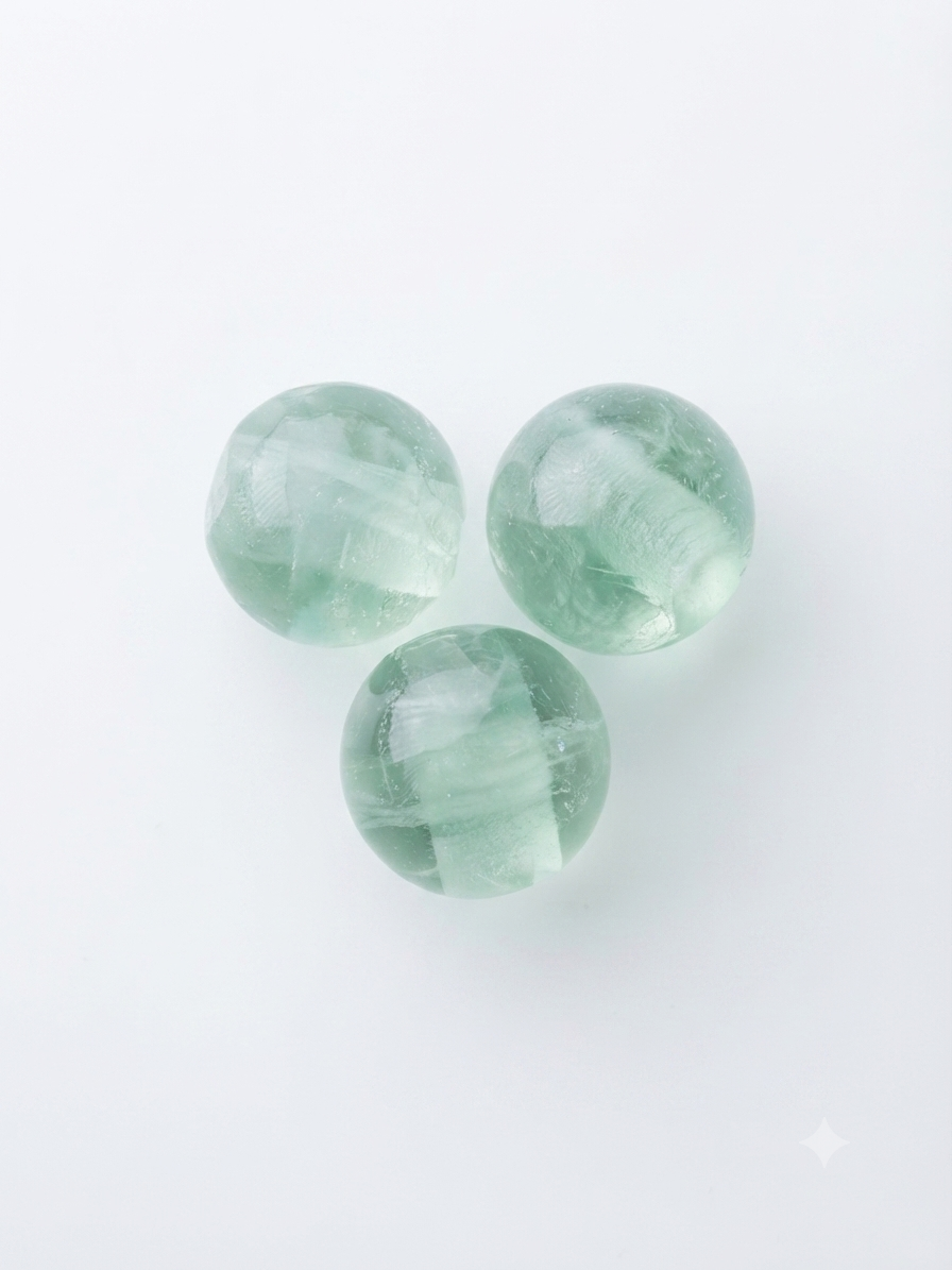 Clear green round crystal beads on a white background