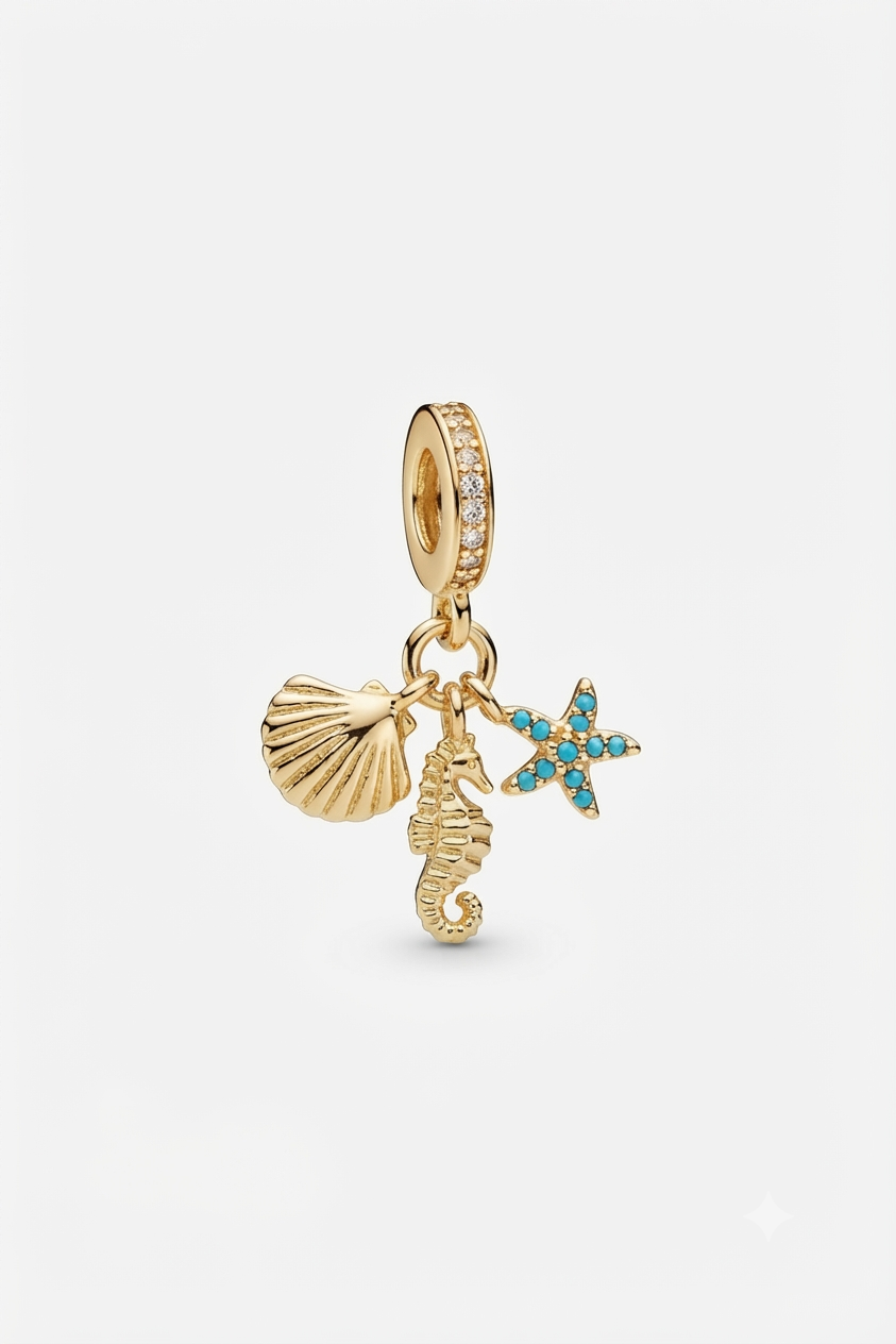 Gold-tone seashell, seahorse and turquoise starfish charm