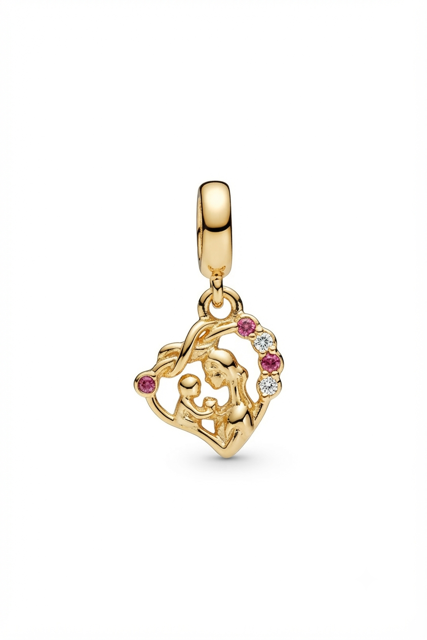 Gold-tone mother and child heart charm with pink and clear crystals