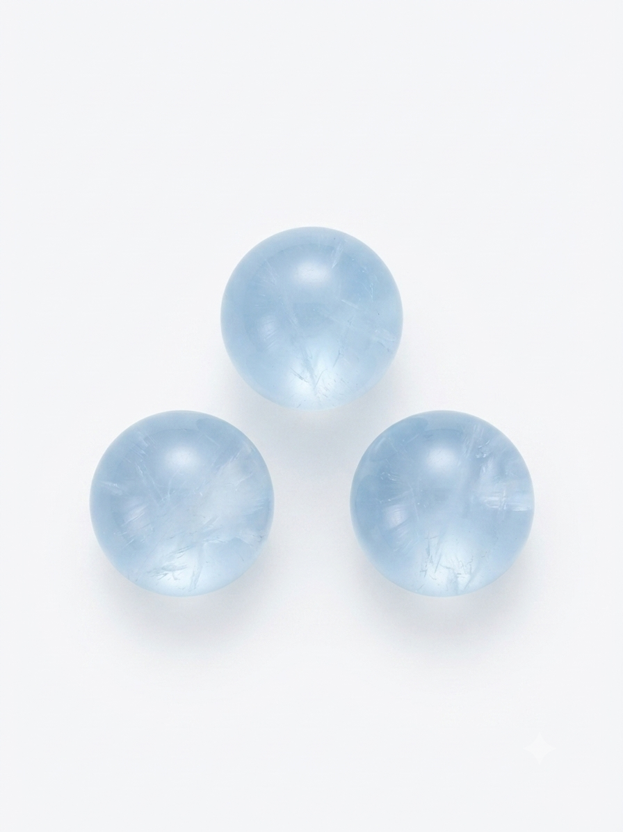 Pale blue aquamarine round crystal beads on a white background